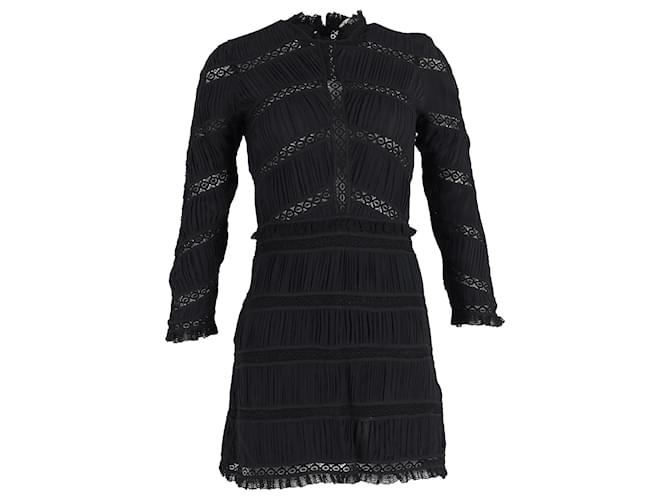 Ulla Johnson Kitty Lace-Paneled Plissé Mini Dress in Black Silk  ref.1075169