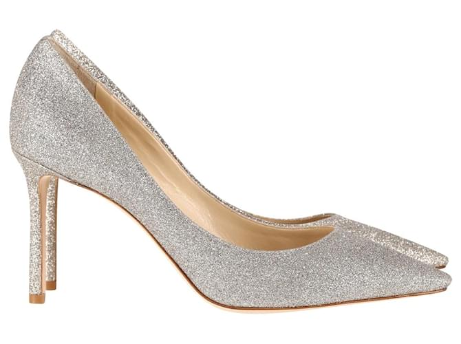 Jimmy Choo Romy 100 Platinum Ice Glitter Pumps in Silver Leather Silvery  ref.1075170