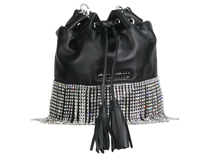 Miu Miu Black crystal-fringed leather bucket bag  ref.1075348