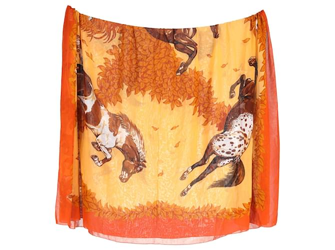 Bufanda Hermès con estampado de caballos en algodón naranja  ref.1075638