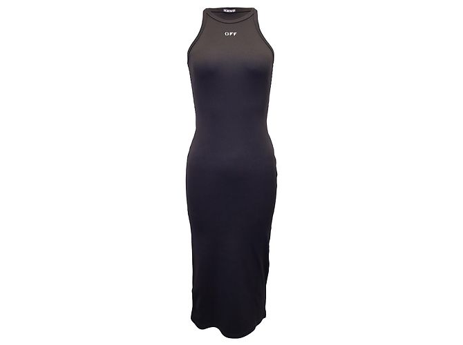 Off White Off-White Basic Ribbed Logo-Print Midi Dress in Black Cotton