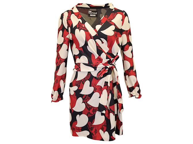 Boutique Moschino Heart Print Wrap Dress in Multicolor Polyester Multiple colors  ref.1075679