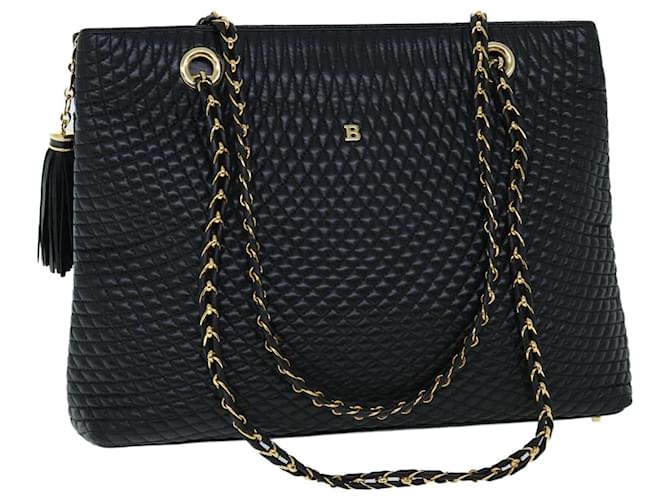 BALLY Quilted Fringe Chain Shoulder Bag Leather Black Auth yk8544  ref.1076269
