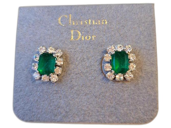 Christian Dior Rectangular Silver Metal Emerald Style Earrings Silvery Green