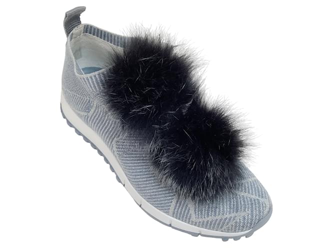 Jimmy Choo Blue Grey Norway Pom Pom Slip On Sneakers Cloth ref.1076453 Joli Closet