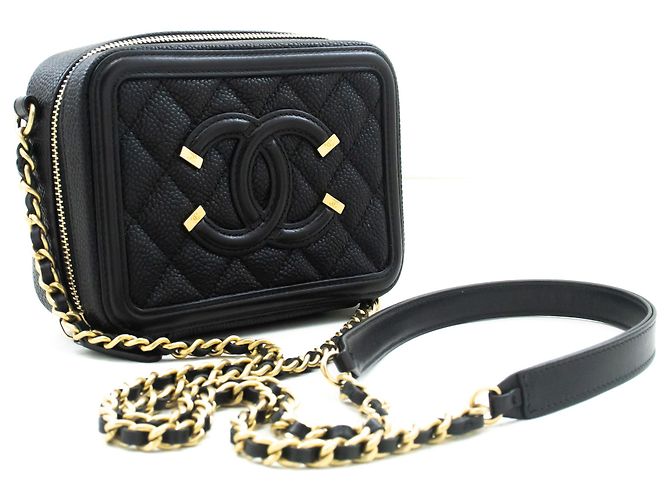 Bolsa de ombro com corrente CHANEL em couro de bezerro grão Micro Caviar Preta com zíper Preto