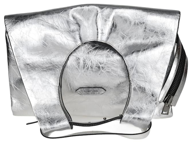 Tom Ford Silver Futuristic Zipped Shoulder Bag Silvery Leather  ref.1077659