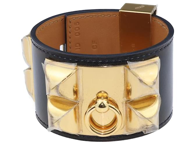 Hermès Schwarzes vergoldetes Collier de Chien-Armband Leder  ref.1077700