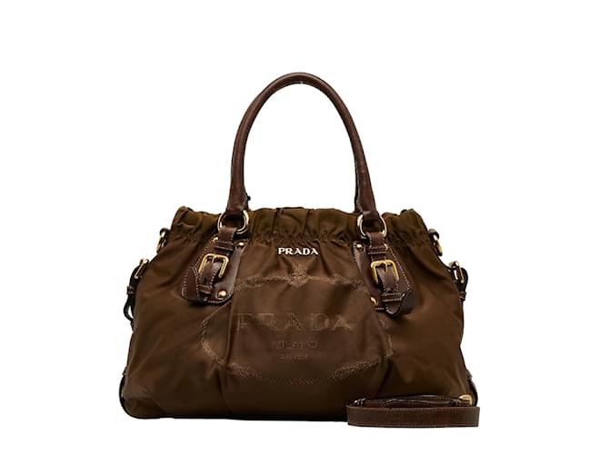 Tote Prada Prada Logo Jacquard Handbag in Nylon and Leather Canvas Handbag in Very Good Brown Cloth  ref.1077834