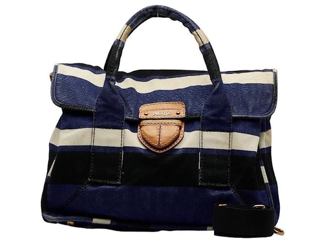 Prada Handtasche mit Canapa-Streifen Blau Leinwand  ref.1077852