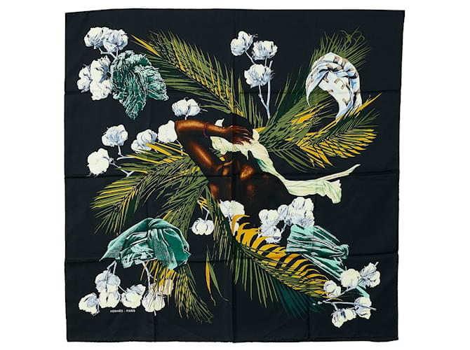 Hermès Bufanda de seda Hermes Turbans des Reines negra Negro Paño  ref.1077922