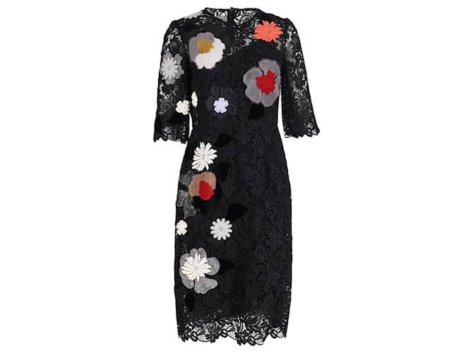 Dolce & Gabbana Blumen- und Kunstfell-Applikationskleid aus schwarzer Viskose Zellulosefaser  ref.1078015