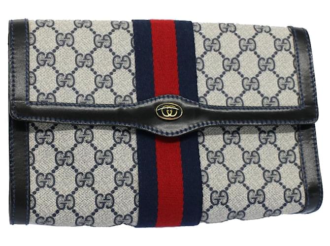 GUCCI GG Canvas Sherry Line Clutch Bag Red Navy gray 67.014.3087 Auth yk8536 Grey Navy blue  ref.1078221