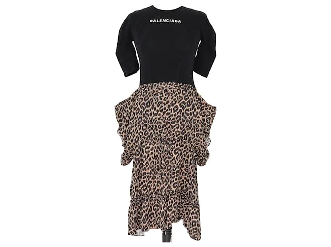Balenciaga Estampado De Leopardo Negro Primavera Verano 2018 Vestido Poliéster  ref.1078378