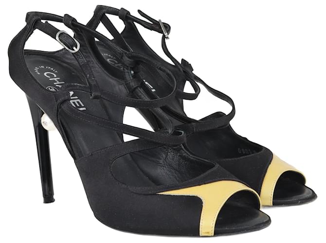 Chanel Black/Yellow Open Toe Ankle Strap Sandals Leather  ref.1078389