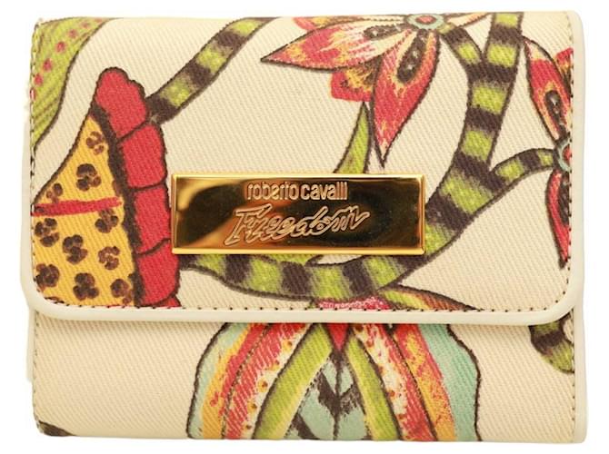Roberto Cavalli Freedom Floral Canvas White Leather Cards Coins Wallet Multiple colors  ref.1078651