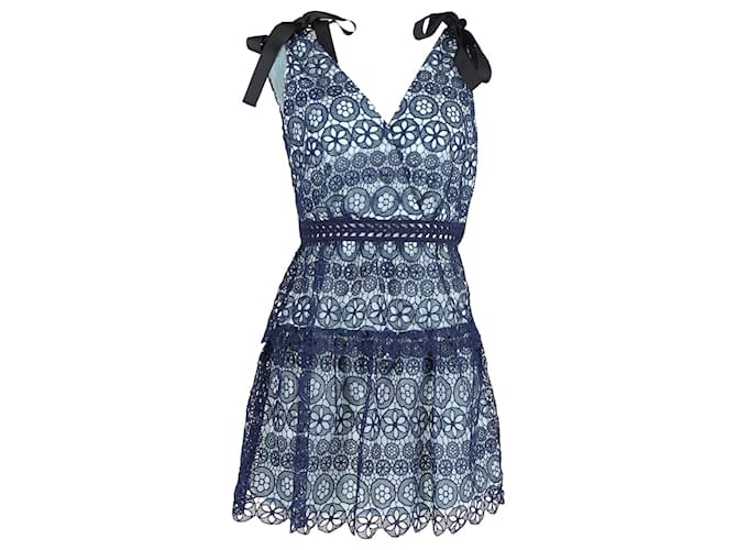 Self portrait Self-Portrait Tiered Bow-Detailed Mini Dress in Blue Polyester Guipure Lace  Navy blue  ref.1078866