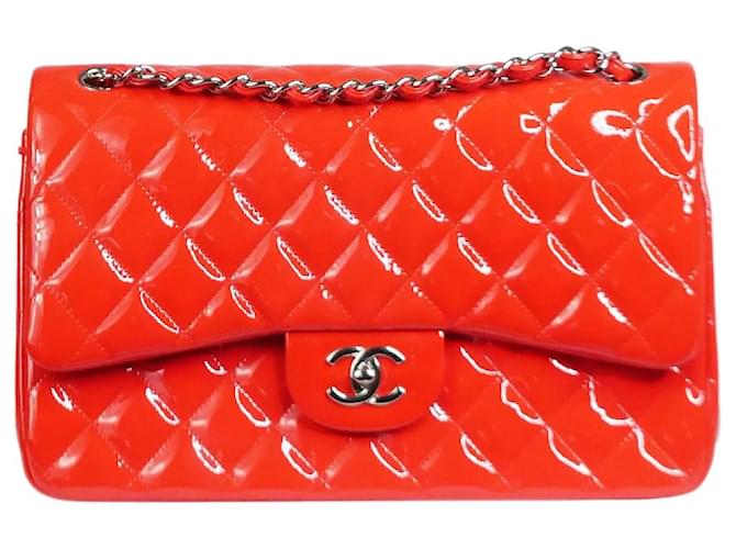 Chanel vermelho 2013-2014 aba forrada clássica patente jumbo Couro  ref.1078876