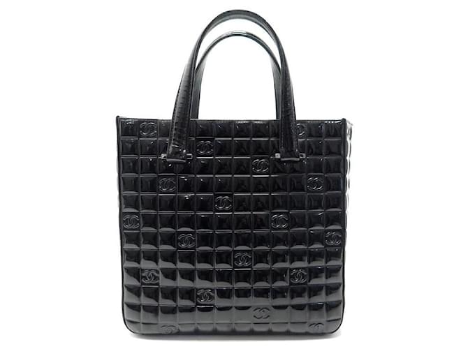 CHANEL CABAS CC CHOCOLATE BAR QUILTED HANDBAG IN BLACK VARNISH TOTE BAG Patent leather  ref.1079265