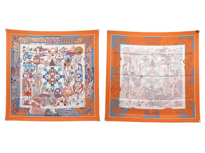 Hermès NEW HERMES SCARF FROM L'OMBRELLE TO DUELS lined FACE MARIE 90 SILK SCARF Orange  ref.1079338