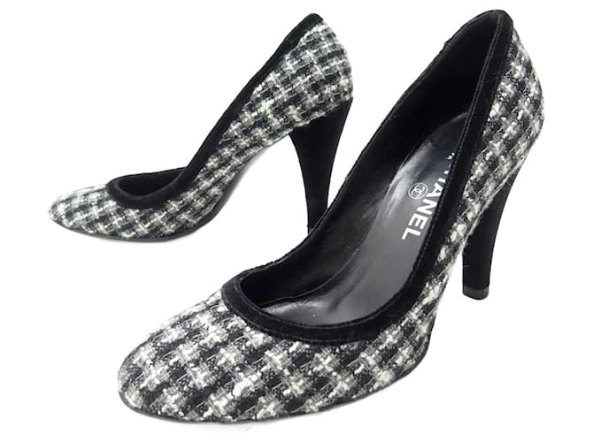 CHANEL SHOES PUMPS 39 IN GRAY TWEED CANVAS + GRAY SHOES BOX Grey  ref.1079393