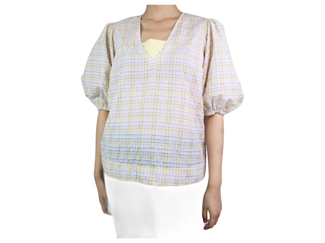 Ganni Multicoloured puff short-sleeved check top - size EU 38 Multiple colors Cotton  ref.1079422