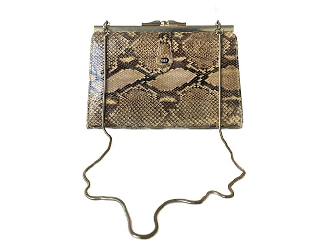 Dior Sac clutch en python années 1970 Noir Marron clair Bijouterie dorée  ref.1079566
