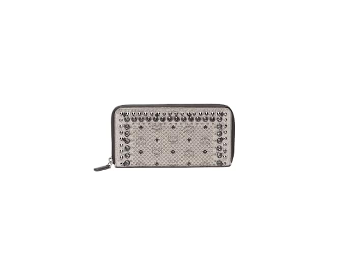 MCM Visetos Studded Zippy Wallet Silvery Leather  ref.1080183