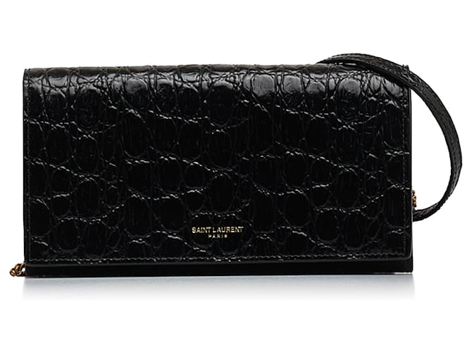Saint Laurent Black Croc Embossed Leather Wallet On Chain Pony-style calfskin  ref.1080301
