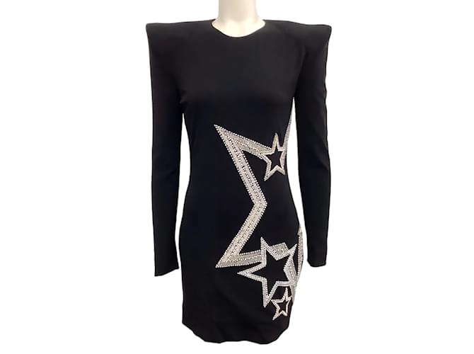 Balmain Black Long Sleeve Body Con Dress with Crystal Star Embellishments Viscose  ref.1081443