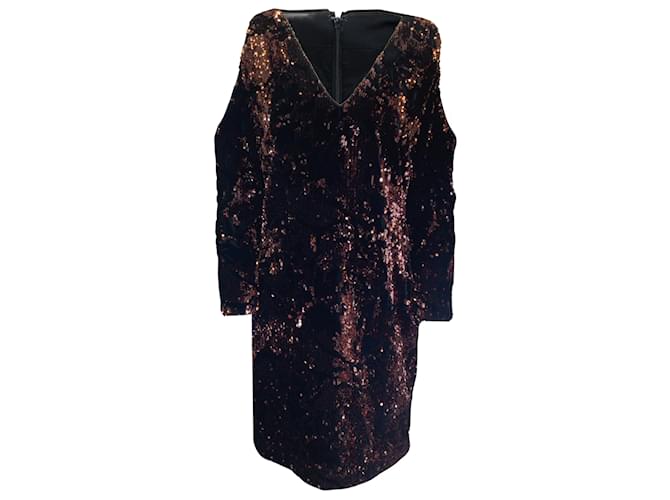 Autre Marque Talbot Runhof Black / Bronze Sequined Cold Shoulder Notre Dress Brown Polyester  ref.1081454