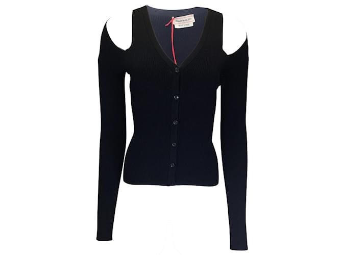 Alexander McQueen Black 2022 Cut-Out Detail Ribbed Knit Cardigan Sweater Viscose  ref.1081456
