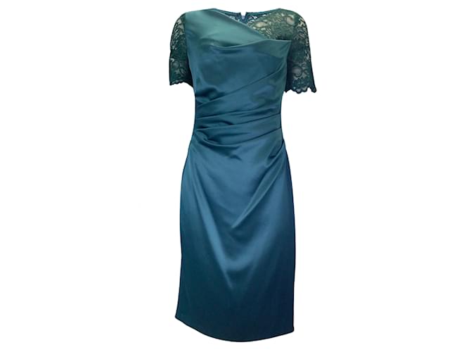 Autre Marque Talbot Runhof Korfu Teal Ruched Lace Detail Satin Midi Dress Blue Synthetic  ref.1081462