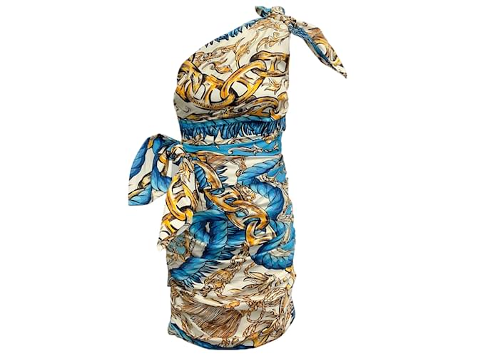 Moschino Turquesa / Vestido de un hombro estampado dorado Azul Seda  ref.1081467