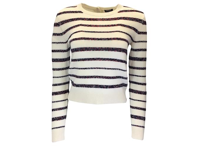 Chanel Ivory / Navy Blue / Red Multi Metallic Striped Back Button Cashmere Knit Sweater Cream  ref.1081474