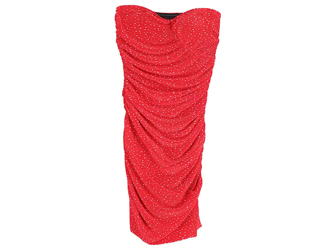 Maje Ruched Polka Dot Strapless Mini Dress in Red Polyester  ref.1081652
