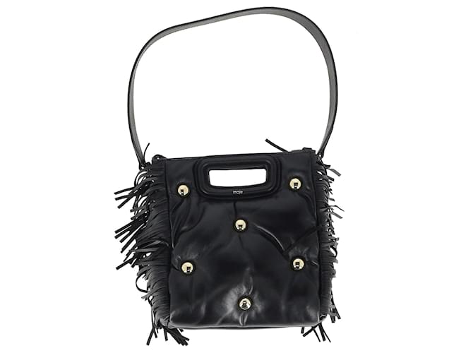 Maje M Fringed Tote Bag in Black Calfskin Leather Pony-style calfskin  ref.1081653