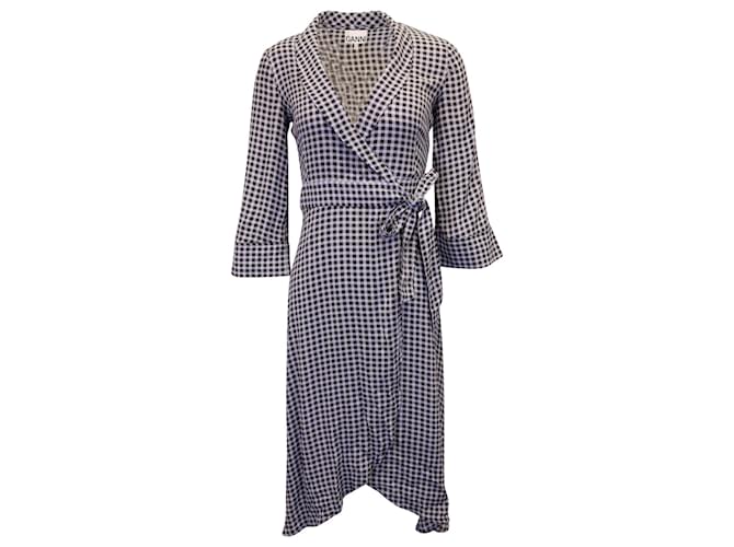 Ganni Checkered Wrap Dress in Blue Viscose Cellulose fibre  ref.1082079