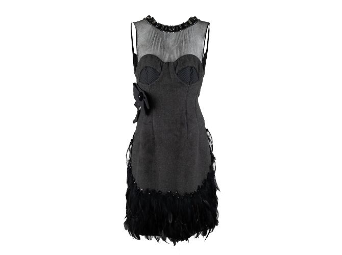Autre Marque 6267 Vestido Compacto de Lã com Penas Cinza