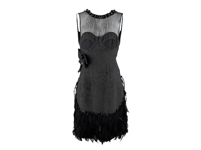 Autre Marque 6267 Compact Wool Dress with Feather Grey  ref.1082762
