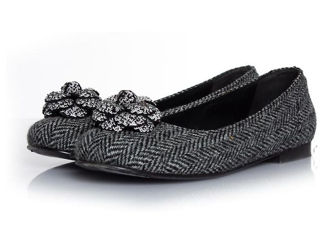 Chanel, Camellia flats in grey fishbone
