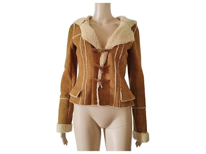 Chanel jacket in brown suede lamb and beige wool Camel  ref.1083007