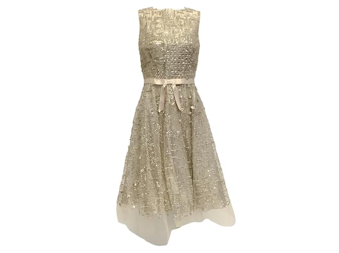 Oscar de la Renta Gold Oyster Beaded Tulle Dress Golden Silk  ref.1083040