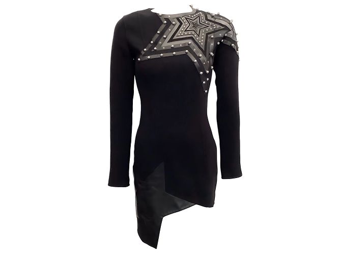 Schwarzes, figurbetontes Kleid von Anthony Vaccarello mit Ledersternen