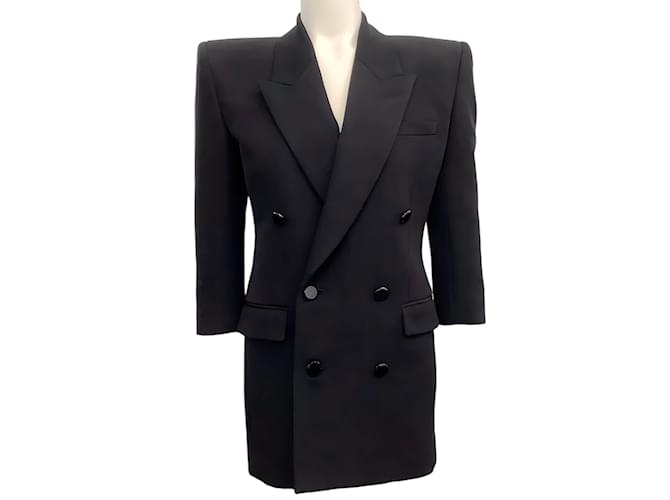 Saint Laurent Black 3/4 Sleeve Double Breasted Strong Shoulder Coat Dress Wool  ref.1083055