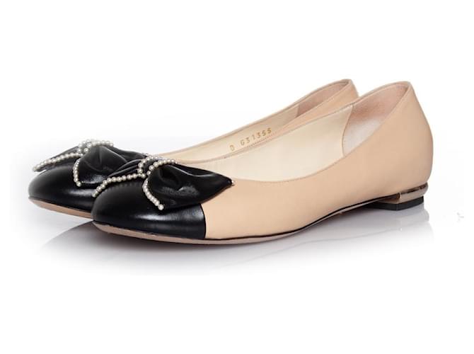 Autre Marque Chanel, Leather pearl bow cap toe flats  ref.1083186