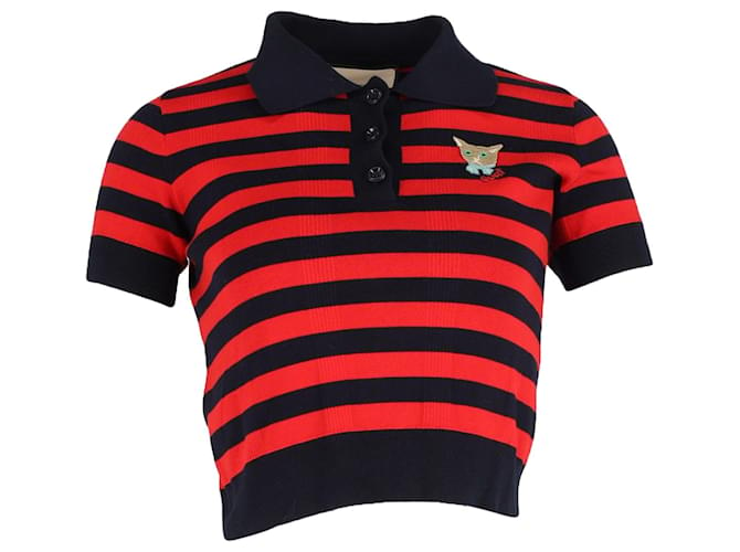 Gucci Cat-Applique Striped Polo Shirt in Red Cotton  ref.1083240