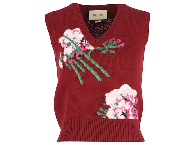Gucci gestrickte Blumenweste aus burgunderroter Wolle Bordeaux  ref.1083252