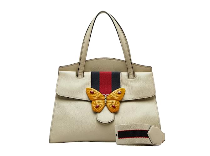 Gucci Medium Web Linea Butterfly Totem Satchel 505344 White Leather  ref.1083272