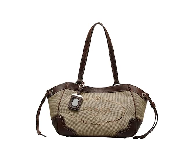 Sac fourre-tout en toile et cuir avec logo jacquard Prada BR3419 en bon état Beige  ref.1083303